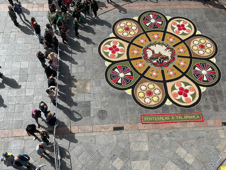 Le da forma el Botón Charro, donde alrededor de un círculo central se distribuyen 18 círculos que representan a las 18 cofradías, hermandades y congregaciones que componen la Junta de Semana Santa.